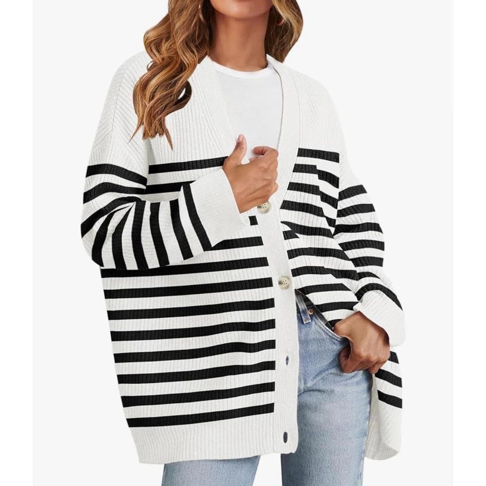 Oversized Striped Cardigan XL French Girl Boyfriend Knit Button Front Slouchy